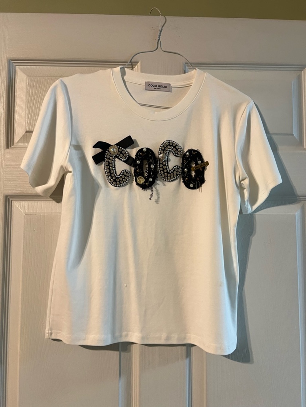 White Embellished Logo Short-Sleeve Tee from Korea